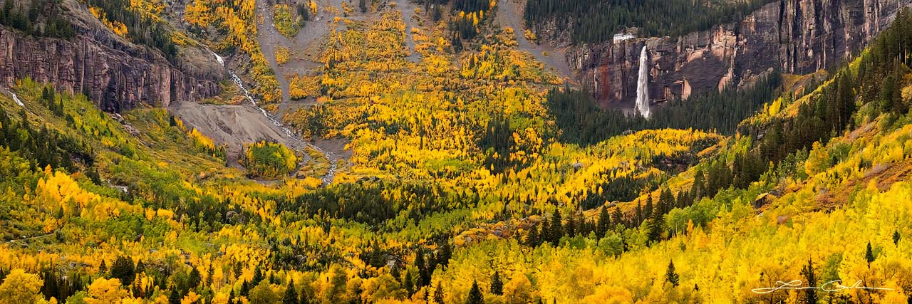 Valley of golden yellow aspens and a big waterfall near Telluride - Small