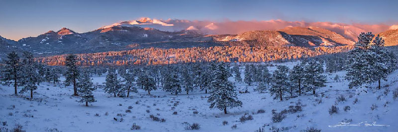 A winter panorama of snow covered trees and mountains during sunrise