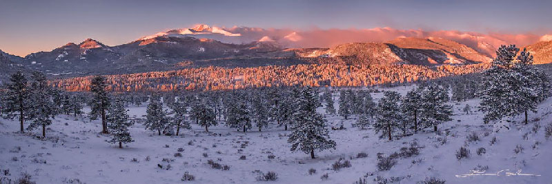 A winter panorama of snow covered trees and mountains during sunrise - Warm white balance