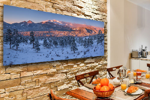 Panoramic fine art print hanging on a dining room wall