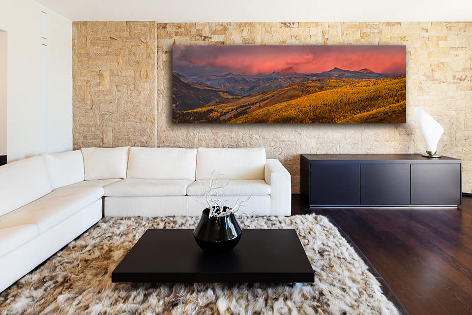 Home decor with Gintchin Fine Art panoramic print of a mountain sunrise with fall colors in a modern interior