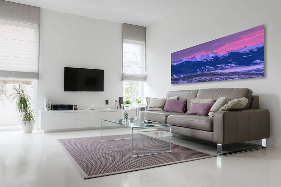 Contemporary home decor with Gintchin Fine Art nature photography panoramic print in a living room