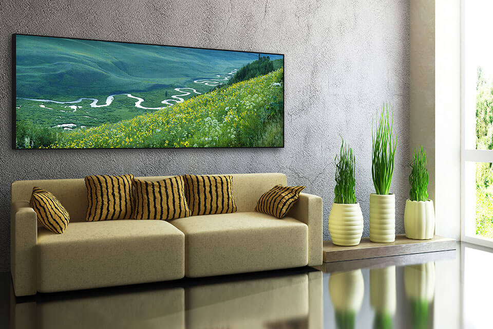 Interior design with Gintchin Fine Art panoramic print of wildflowers and a river above a sofa
