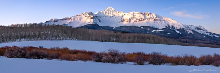Snowfield and aspen trees in front of Wilson Peak, Telluride at sunrise