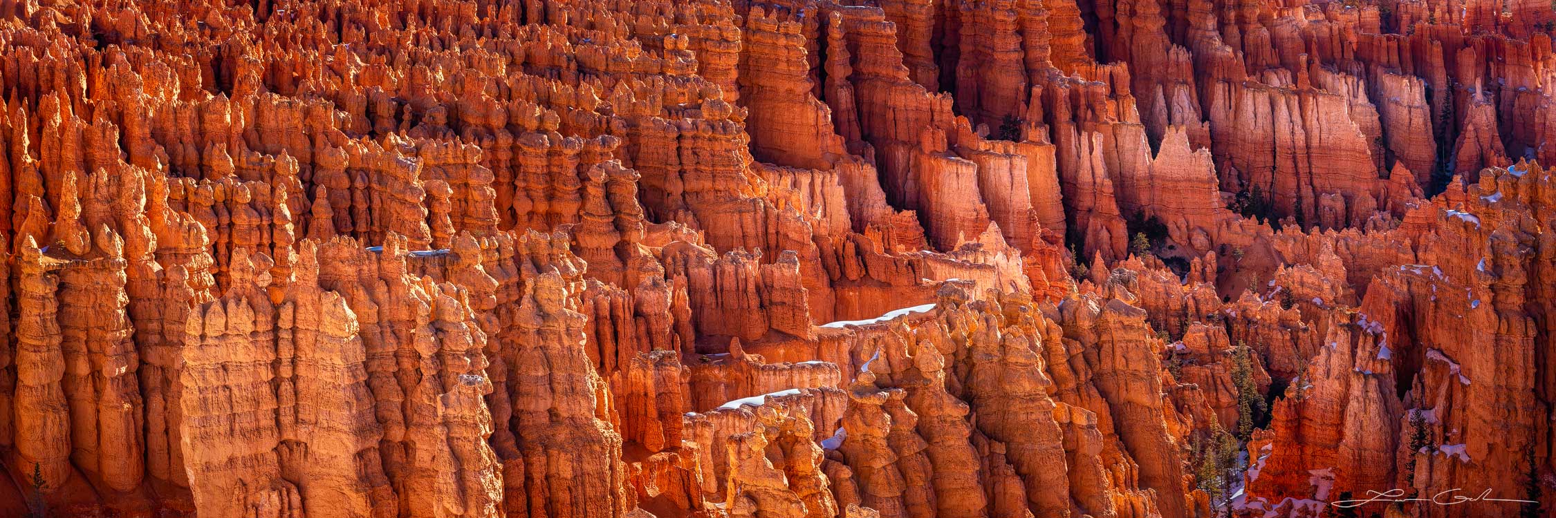 A panorama of sandstone hoodoo spires rich in red and orange color, Bryce Canyon