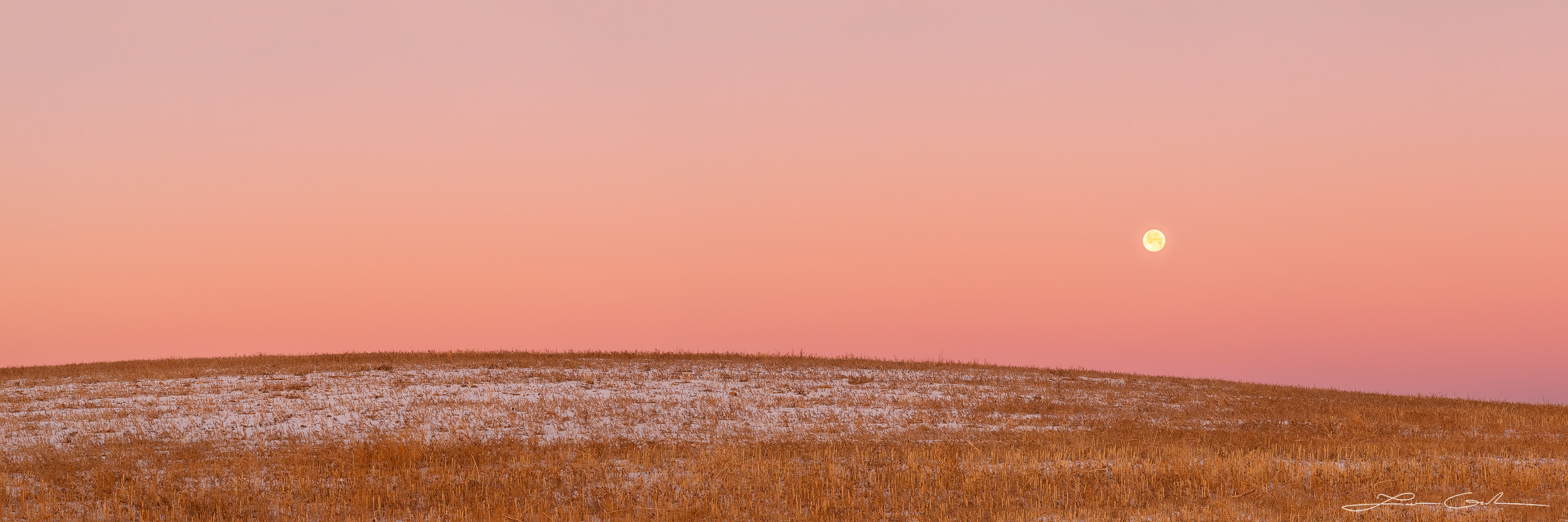 Full moon sunset in a pink sky over a simple landscape