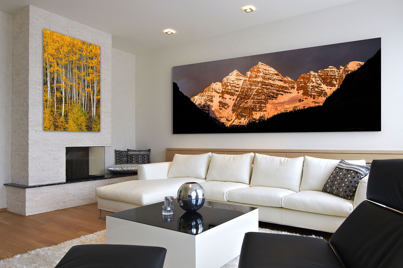 Two luxury wall art prints of Maroon Bells and aspen trees in a posh living room - Gintchin Fine Art