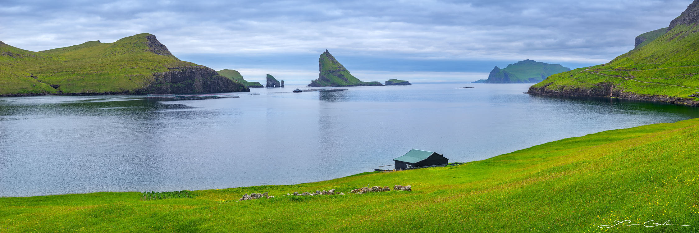 A charming cottage on the shore of a beautiful island surrounded by lots of green grass and wildflowers - Faroe Islands - Gintchin Fine Art