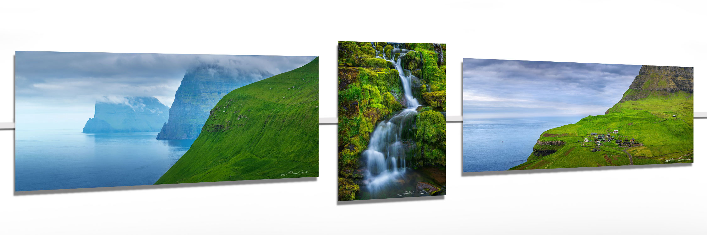 A panoramic image of a gallery wall with three fine art prints of the Faroe Islands - Gintchin Fine Art