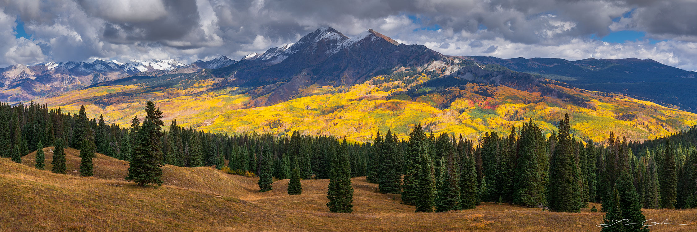 Rich fall colors mountain panorama with evergreen and aspen trees - Gintchin Fine Art