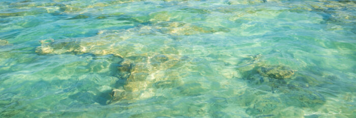 A clear water ocean shore with a shallow floor and some rocks - Gintchin Fine Art