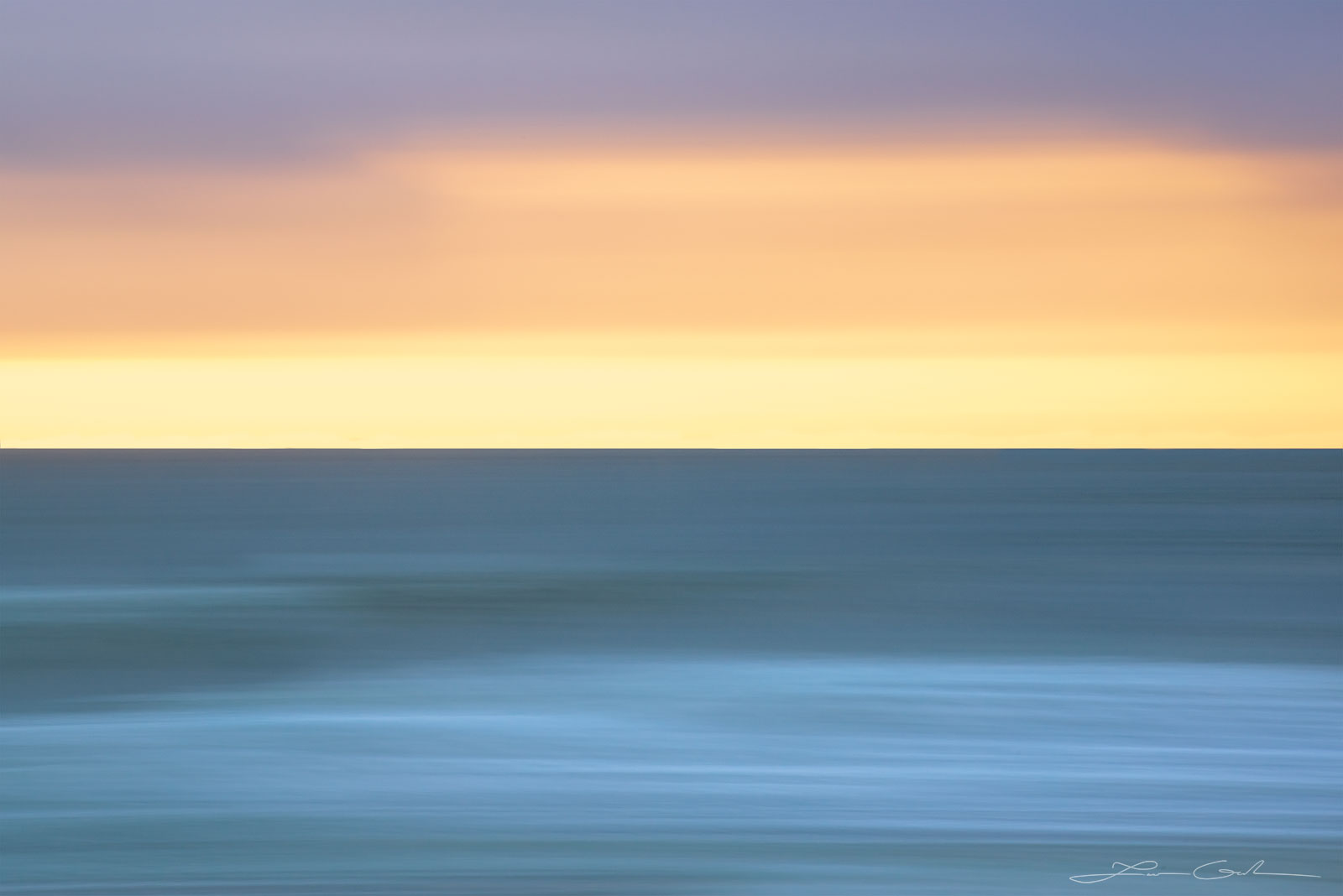 an abstract morning seascape with deep blue water and orange sky - Gintchin Fine Art