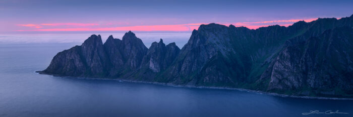 Jagged fjord mountains at midnight in Senja, Norway - Gintchin Fine Art