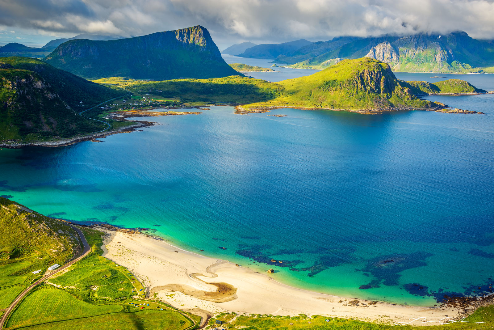 An aerial view of a turquoise beach in the Lofoten Islands, Norway - Gintchin Fine Art