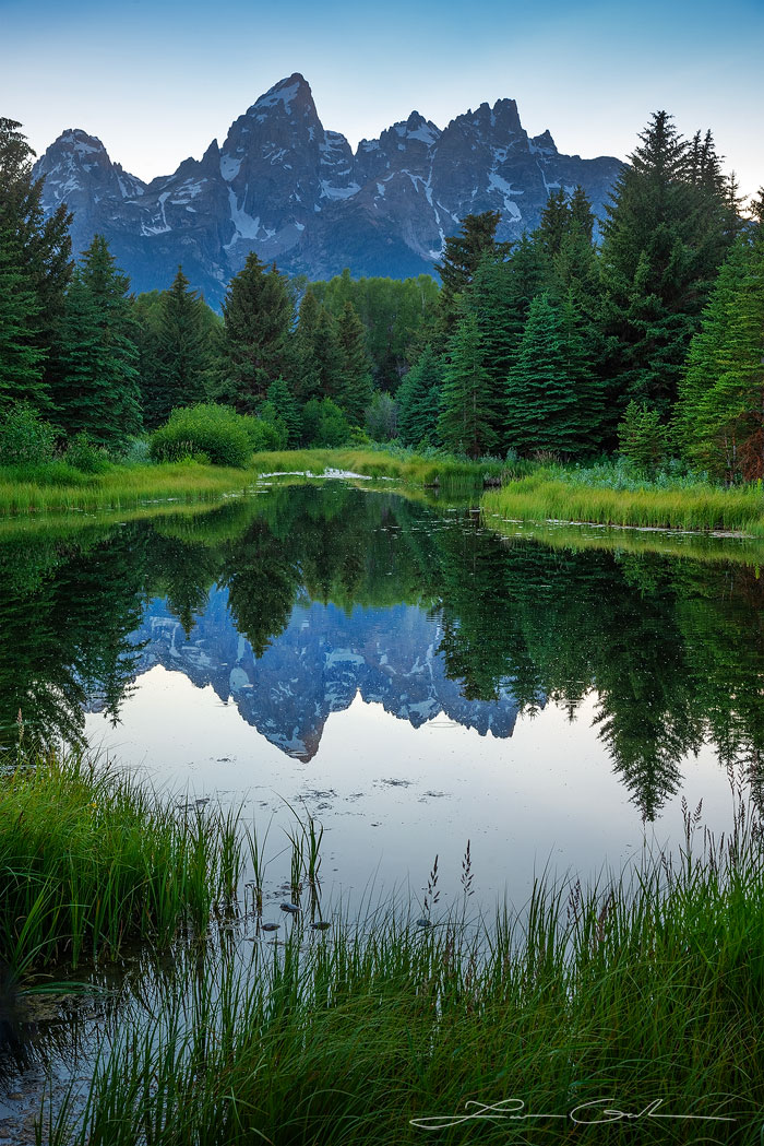 A calm pond in a forest, reflecting the peaks of the Grand Tetons - Gintchin Fine Art