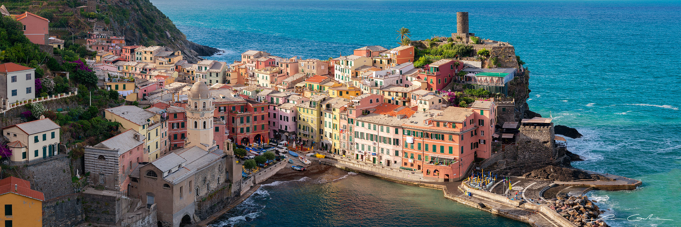 Beautiful panorama of Cinque Terre, Italy. A small village on a rocky shore by the sea - Gintchin Fine Art