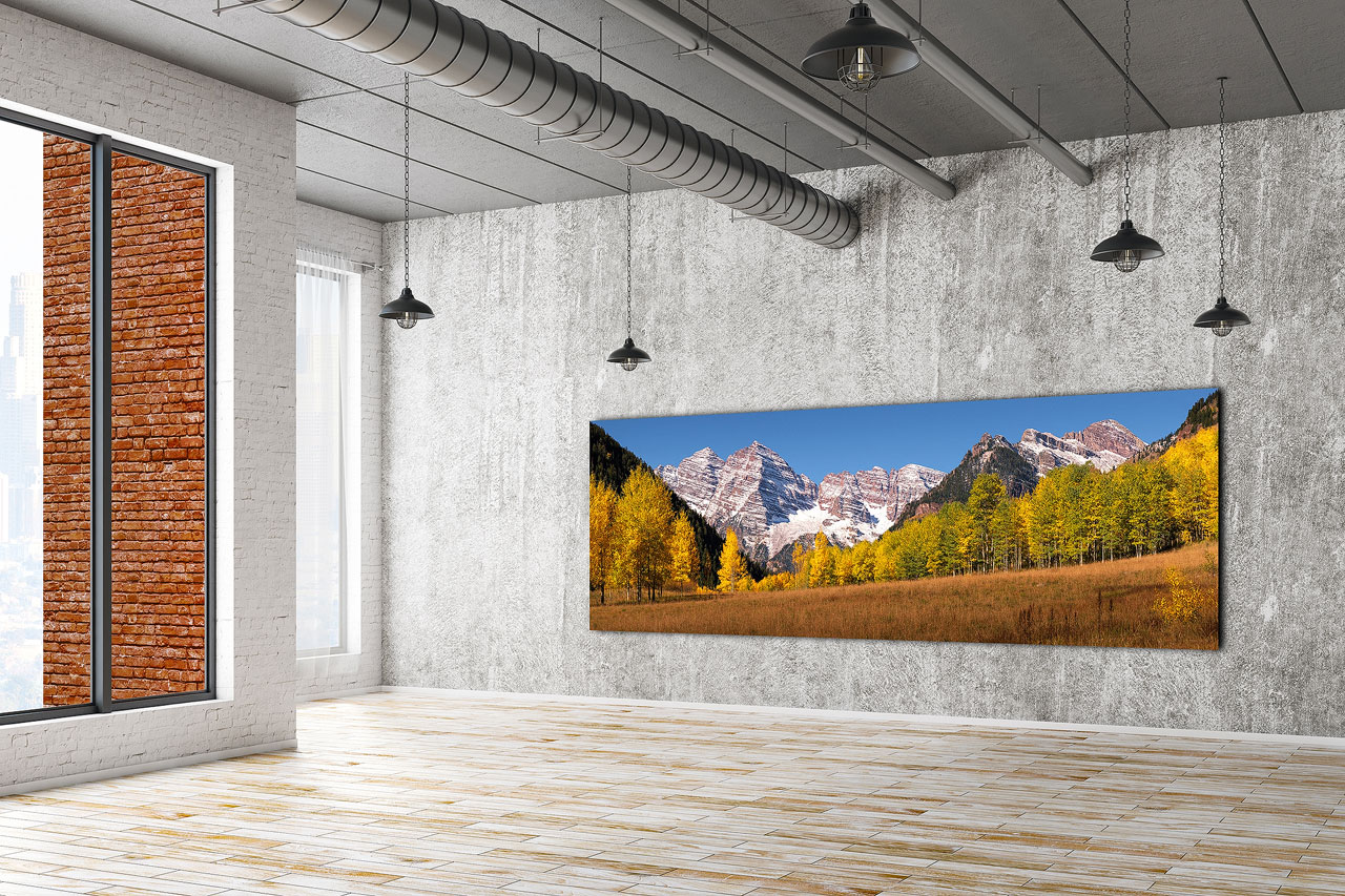 Maroon Bells, Colorado panoramic prints on a wall - Gintchin Fine Art