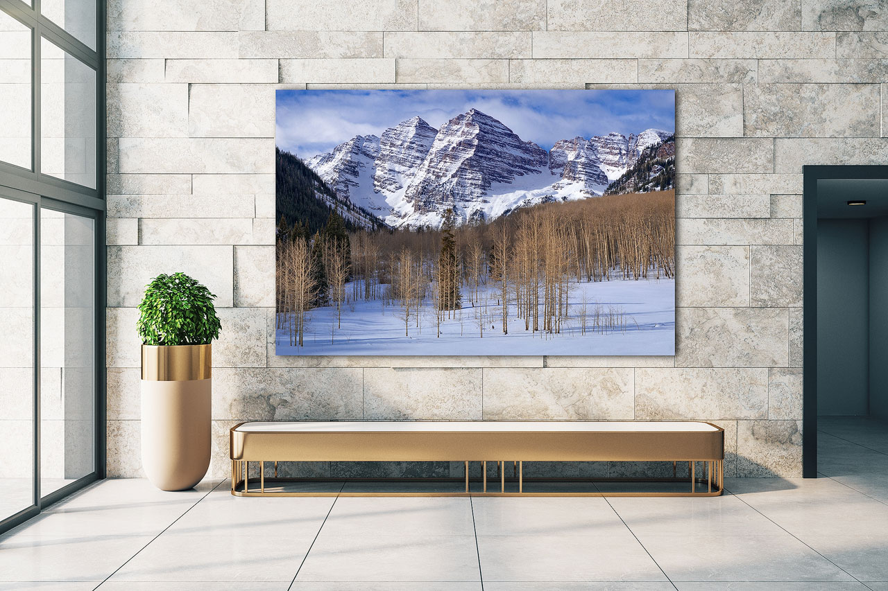 A large format print of Maroon Bells, Colorado in an office interior building - Gintchin Fine Art