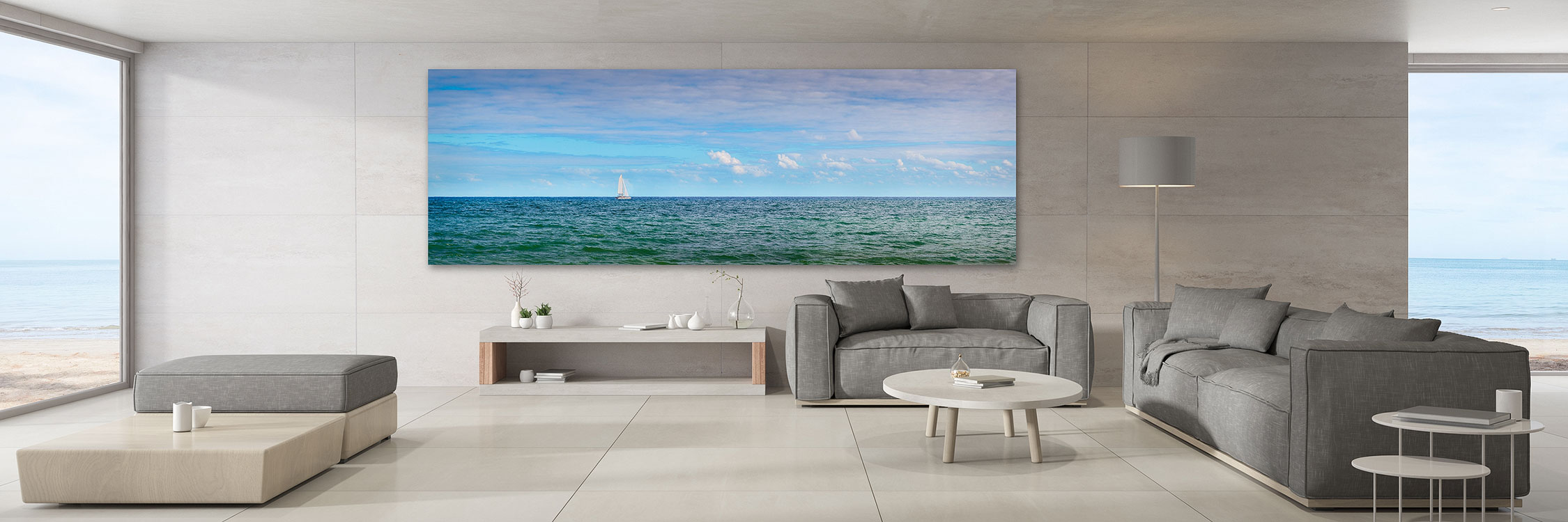 Panoramic print medium fine art image ona wall of a contemporary ocean front room - interior design - Gintchin Fine Art