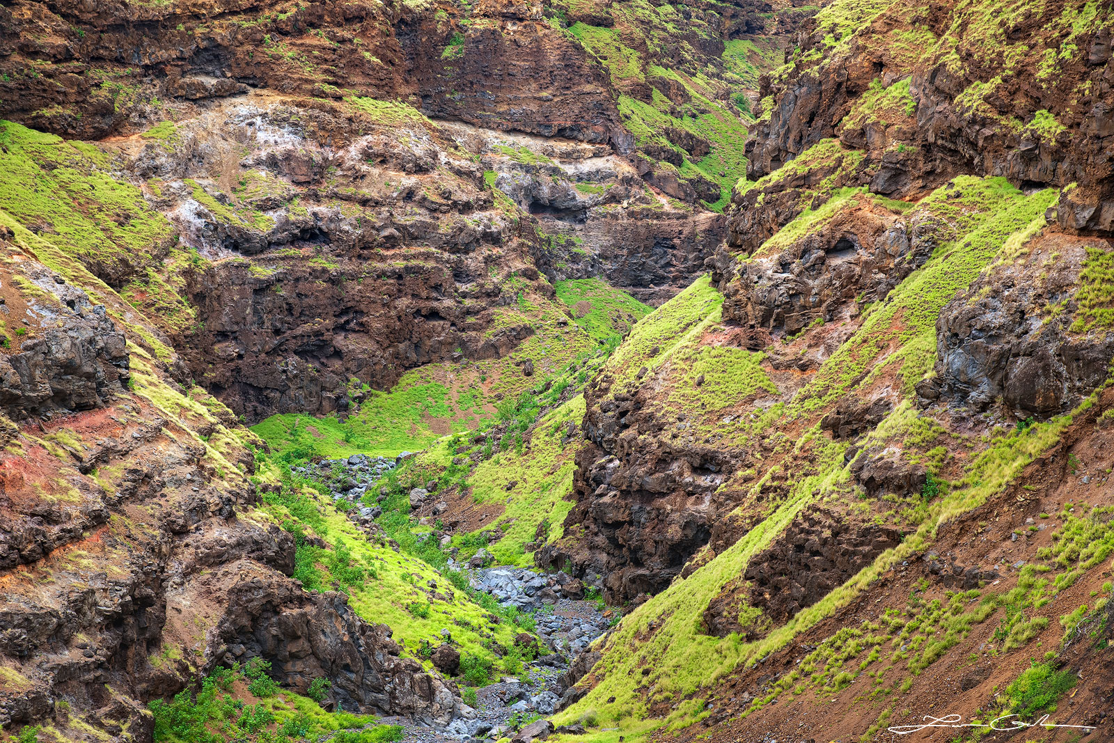 Close-up view of a small Maui canyon, a vibrant mosaic of brown and orange rocks adorned with green grass, testament to volcanic history - Gintchin Fine Art.