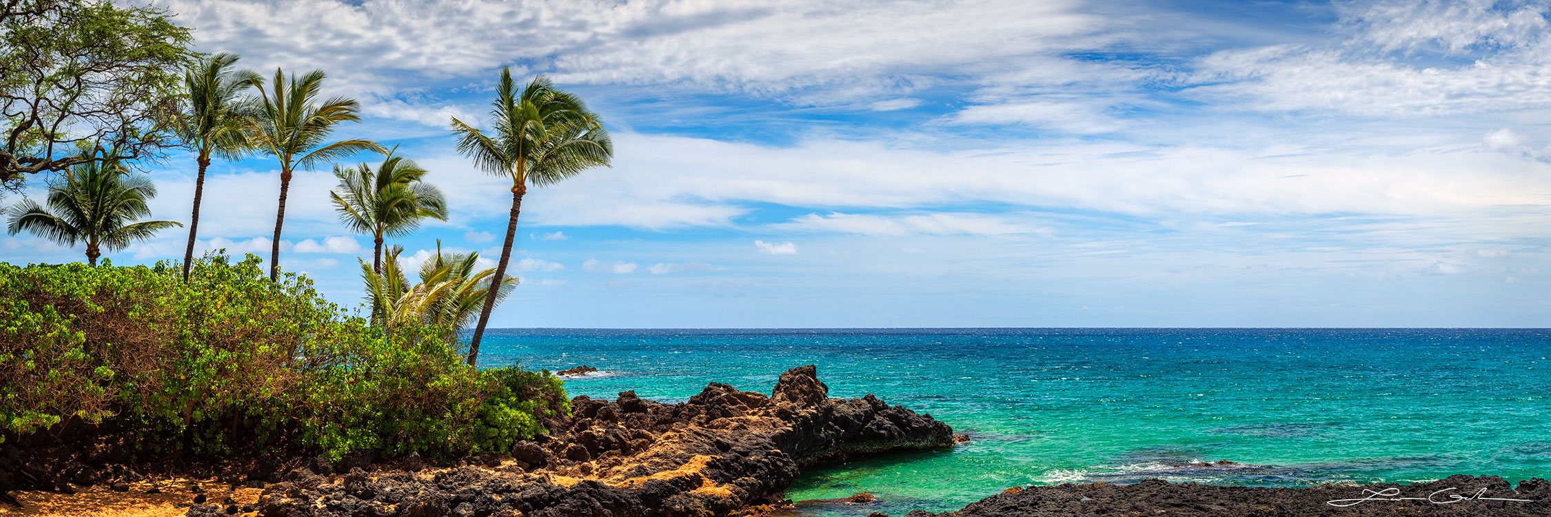 Panoramic shot of a serene beach shore in Maui with turquoise ocean, rocky lava shore with sand and palm trees under a blue sky with white clouds - Gintchin Fine Art.