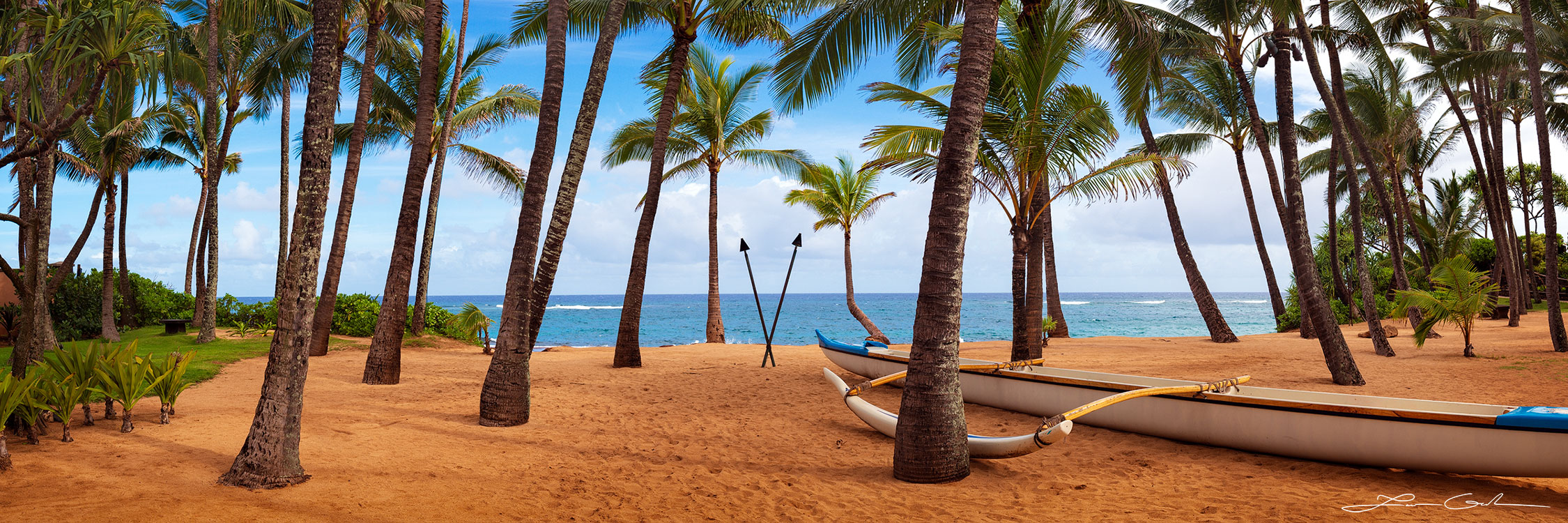Panoramic view of a serene beach oasis adorned with palm trees, a traditional Hawaiian canoe, and tiki torches, offering a glimpse of paradise - Gintchin Fine Art.