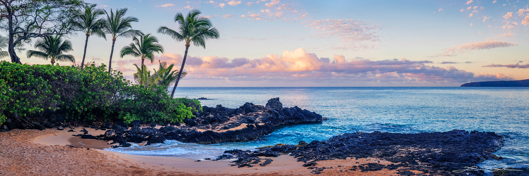 Panoramic view of a secluded lava rock beach in Hawaii at sunrise, with calm blue ocean, lush green vegetation and palm trees, under a blue sky with distant pink-hued clouds - Gintchin Fine Art.