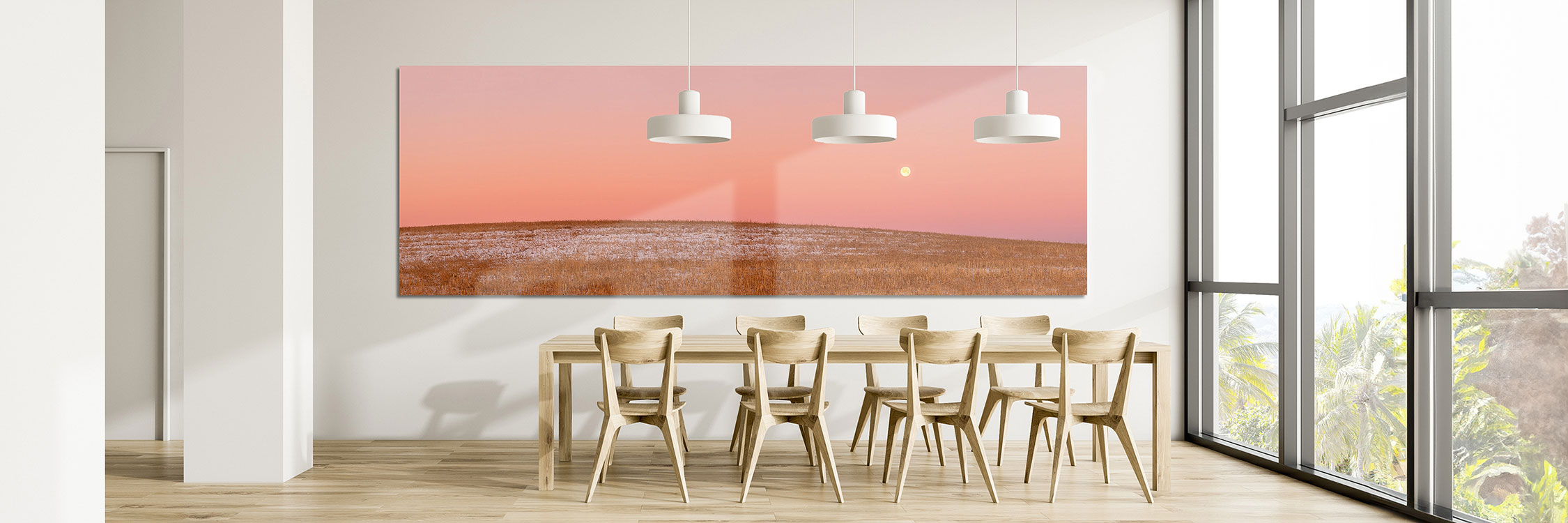 A minimalist landscape luxury wall art mounted on the wall of a bright and minimalist contemporary dining room - Gintchin Fine Art