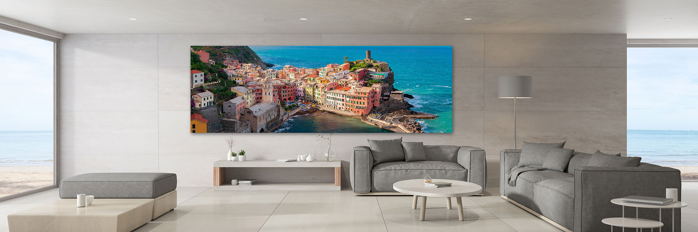 A gorgeous luxury wall art print decorates a beautiful modern living room with ocean view windows - Gintchin Fine Art
