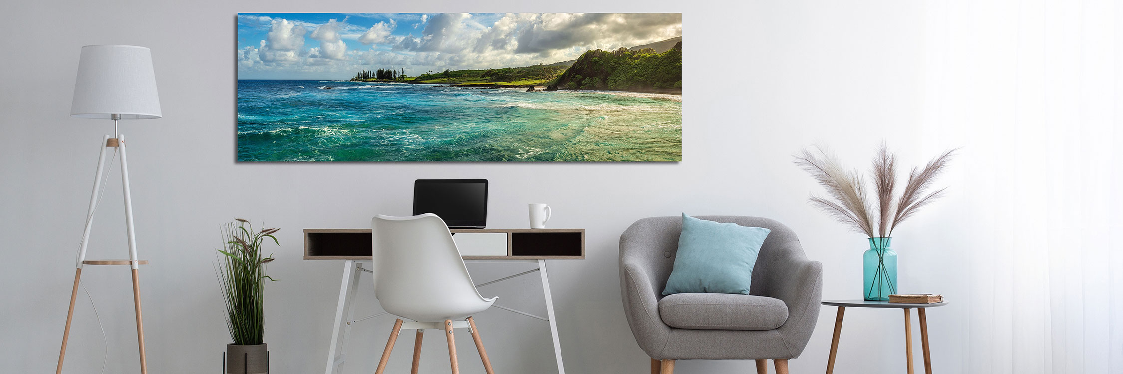 A contemporary home office with a panoramic luxury wall art print on the wall, featuring a Hawaiian beach - Gintchin Fine Art