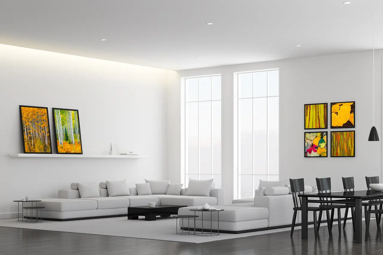 Contemporary living room with many wall art prints of aspen trees and aspen leaves - Gintchin Fine Art