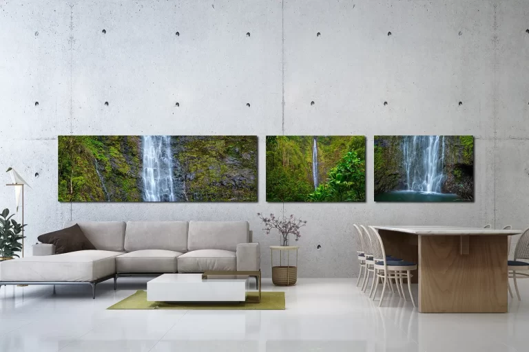 Three piece luxury wall art mini gallery in an open concept home living room - Gintchin Fine Art