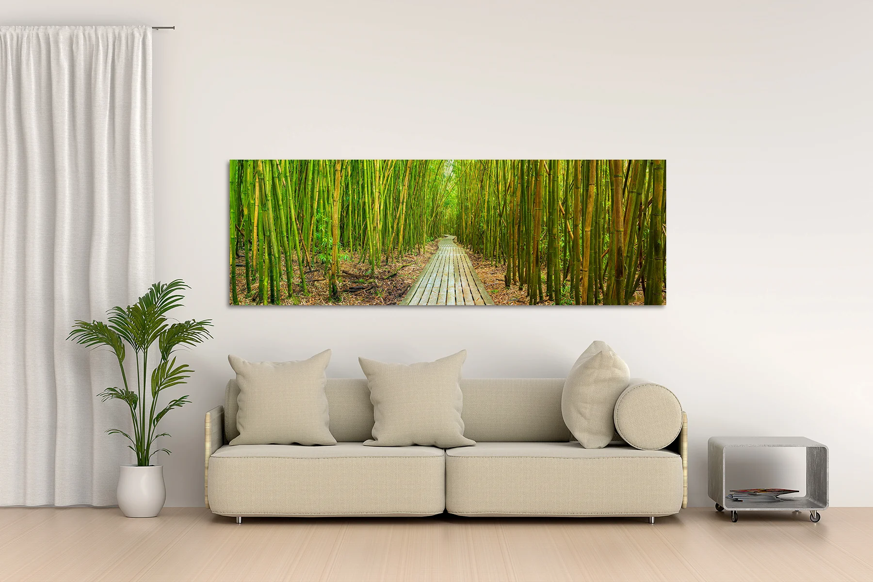 A bamboo forest wall art in on a living room wall above a sofa - Gintchin Fine Art