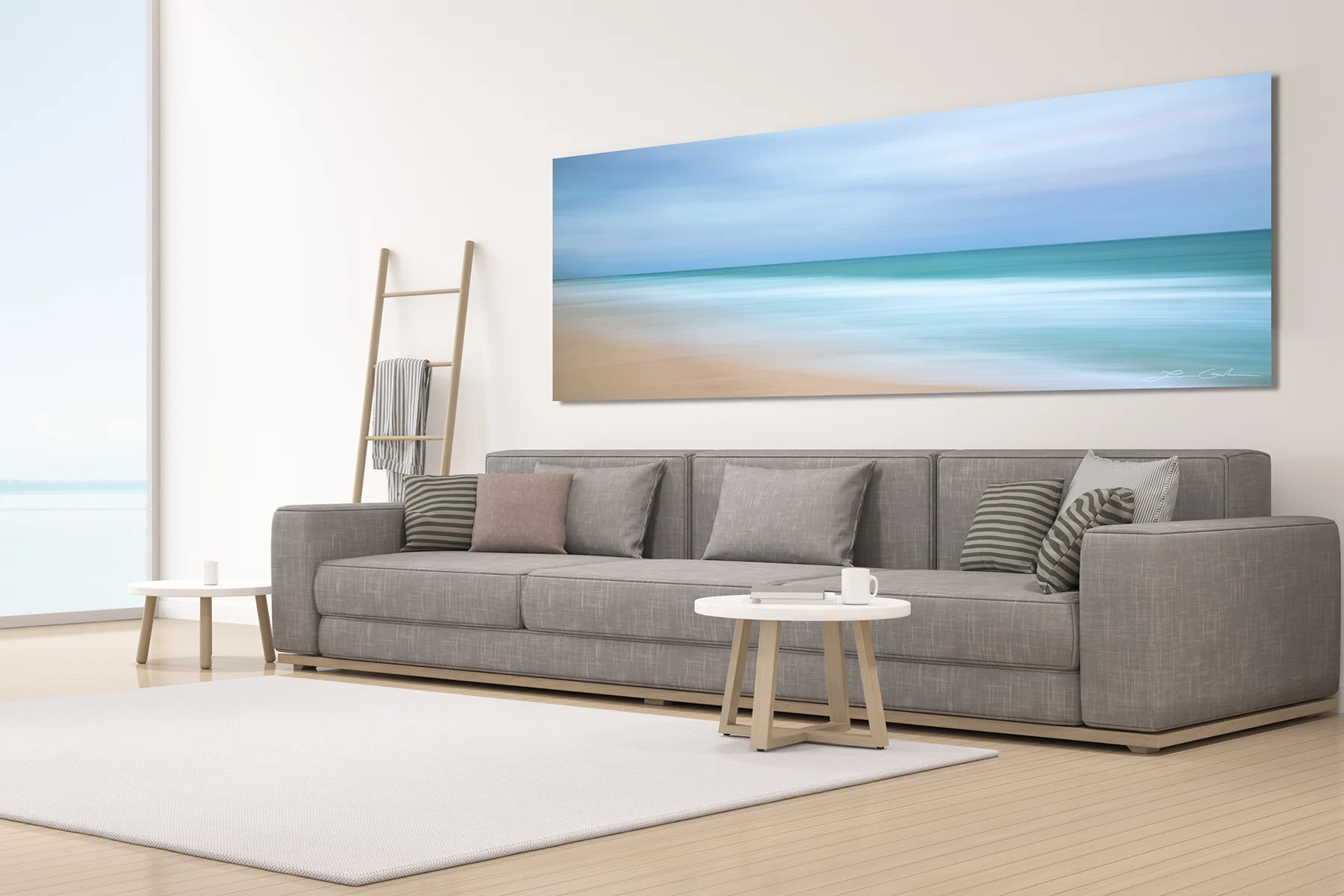 Panoramic ocean abstract beach wall art in a living room - Gintchin Fine Art