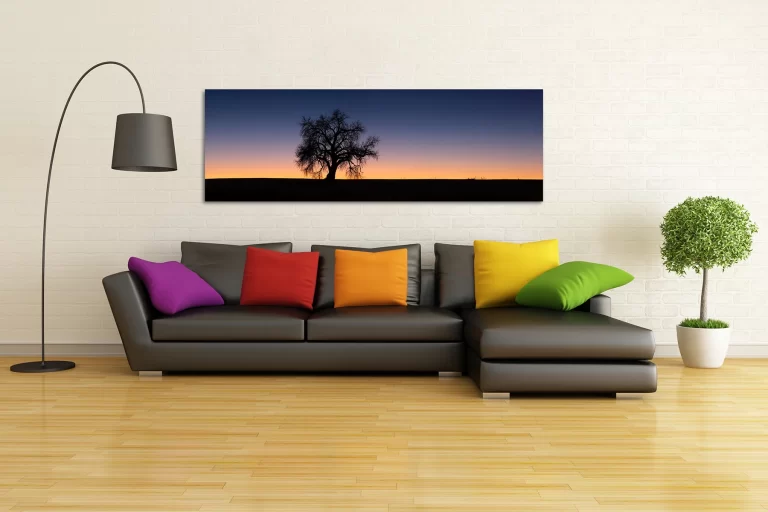 Panoramic minimalist wall art print above a modern sofa in a contemporary living room - Gintchin Fine Art
