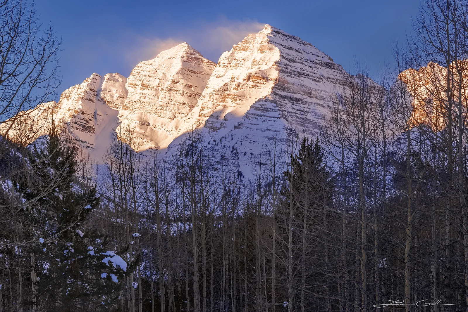 Stunning winter morning view of the Maroon Bells mountains framed by aspen pine trees, with snow being blown off the peaks against a clear blue sky. - Gintchin Fine Art