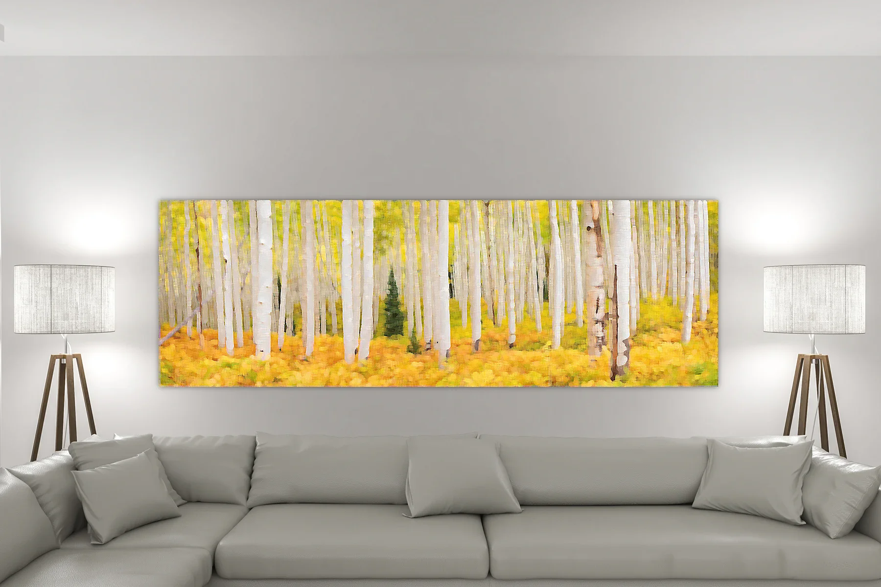 Bright and cheerful autumn landscape painting wall art featuring a forest of golden birch trees, adding warmth and elegance to a neutral-toned living room.