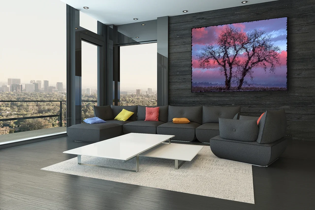 Vivid landscape painting wall art with a vibrant tree and colorful twilight sky, displayed in a contemporary living room with floor-to-ceiling windows.