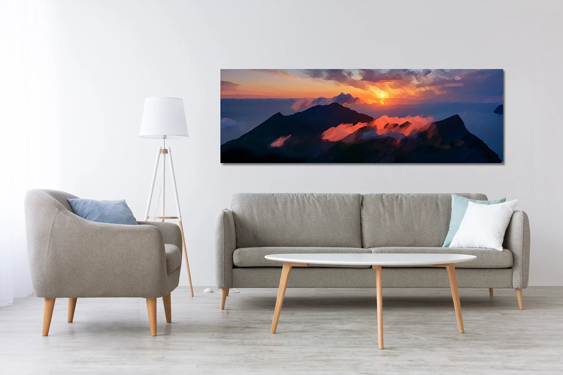 Breathtaking landscape painting wall art showcasing a glowing sunset over mountainous silhouettes, creating a peaceful atmosphere in a modern living room.