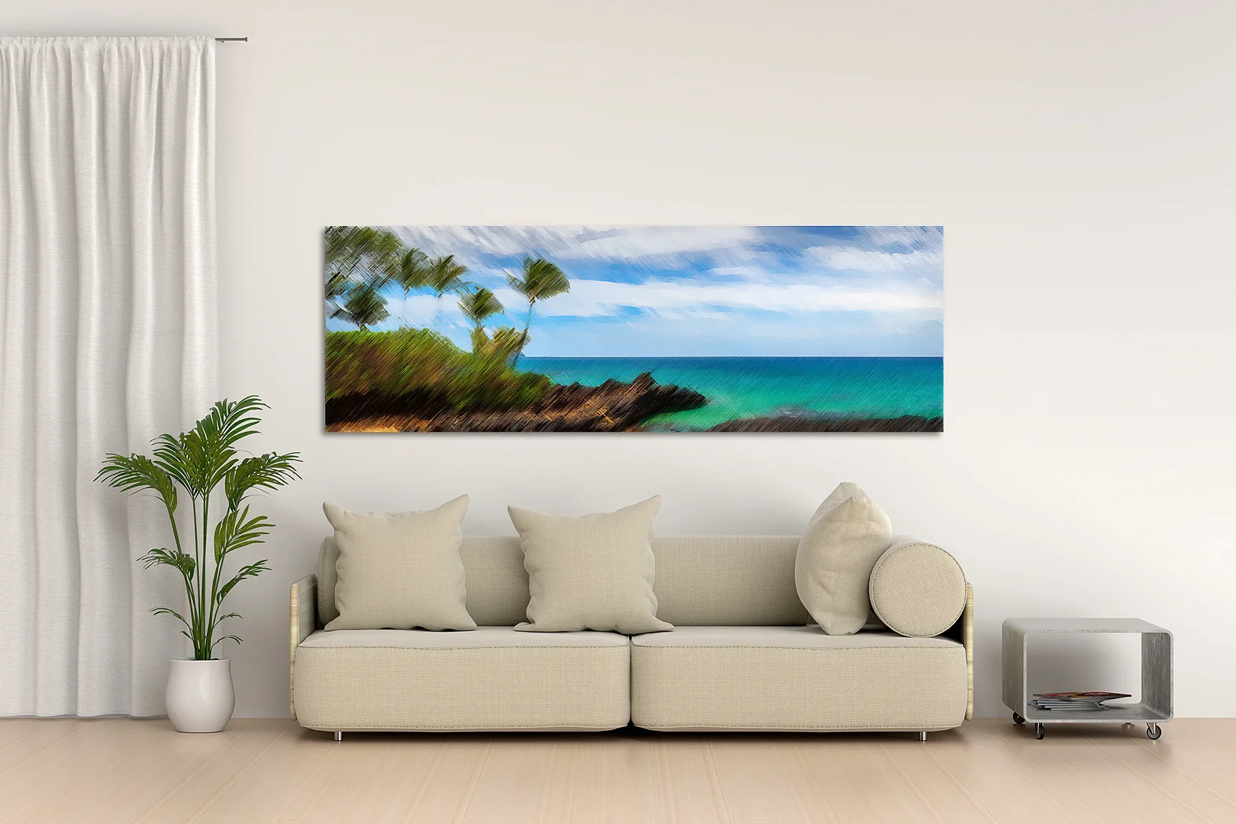 Panoramic coastal landscape painting wall art featuring vibrant turquoise ocean waves and lush palm trees, perfect for a serene living room decor.