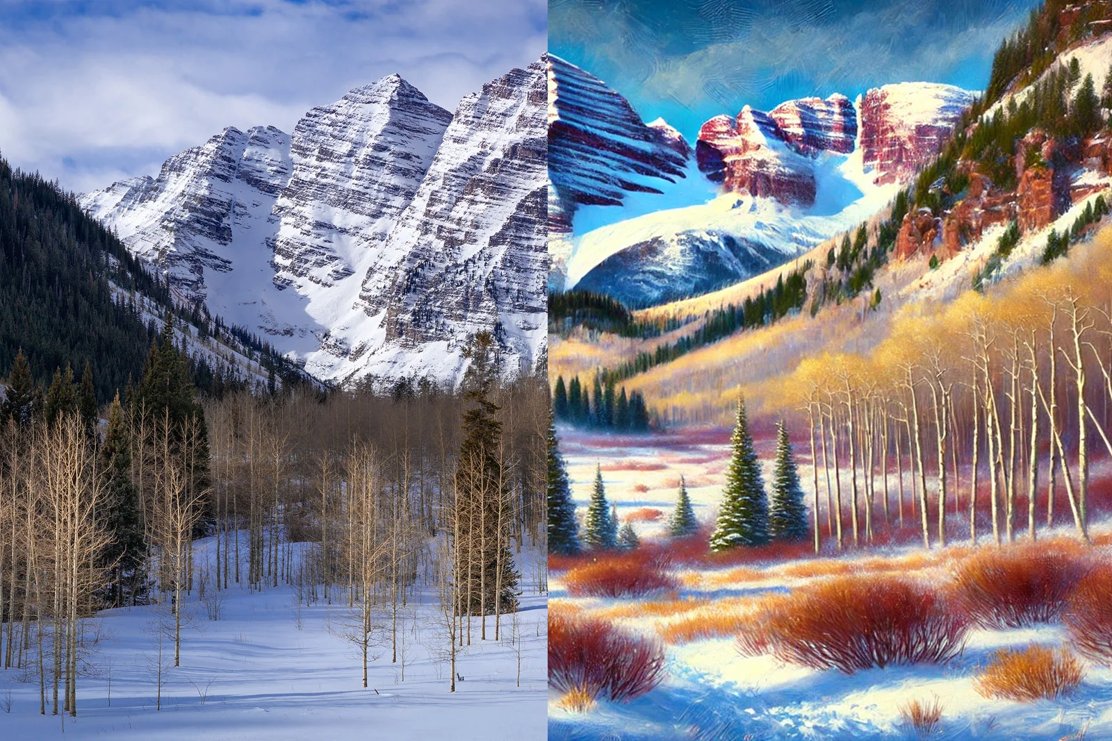 A side-by-side comparison illustrating "landscape photography vs. landscape painting." On the left, a crisp photograph captures the Maroon Bells in Colorado during winter, featuring snow-covered peaks and bare aspen trees in a natural setting. On the right, the same scene is reimagined as a vibrant painting, showcasing rich colors, textured brushstrokes, and an artistic interpretation of the snowy landscape. This image highlights the differences between photographic realism and creative artistry in representing nature.