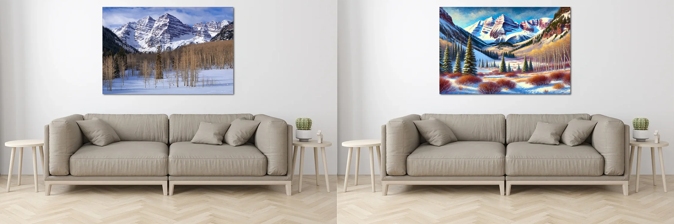 A split image showcasing "landscape photography vs. landscape painting" displayed above a modern beige sofa. On the left, the Maroon Bells in Colorado are presented as a crisp, natural winter photograph with snowy peaks and aspen trees. On the right, the same scene is depicted as a colorful, painterly artwork with enhanced tones and soft brushstrokes. The image emphasizes the visual differences between photography and painting in capturing landscapes.