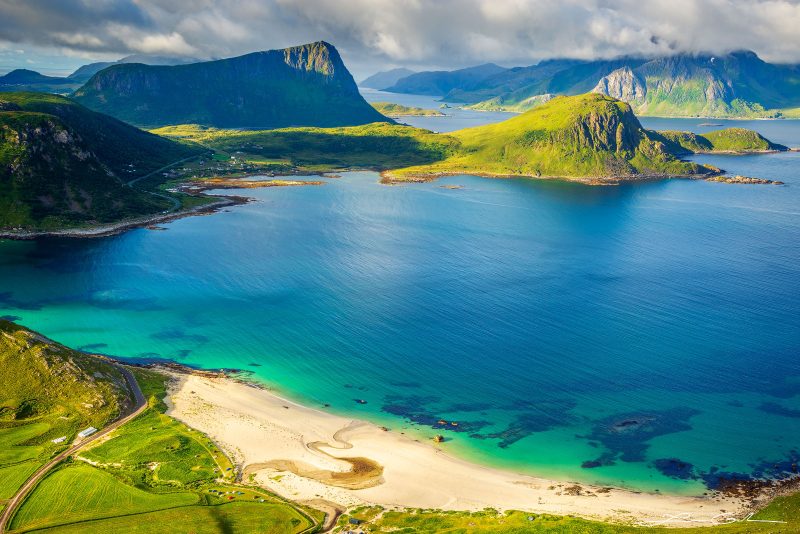 An aerial view of a turquoise beach in the Lofoten Islands, Norway - Gintchin Fine Art